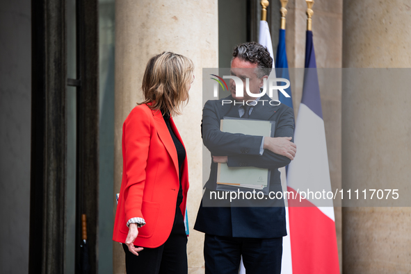 Minister of Ecological Transition Christophe Bechu (right) and Deputy Minister of Agriculture Agnes Panier-Runacher (from behind) are attend...