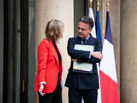 Minister of Ecological Transition Christophe Bechu (right) and Deputy Minister of Agriculture Agnes Panier-Runacher (from behind) are attend...