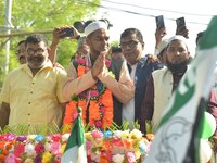 Aminul Islam, the All India United Democratic Front (AIUDF) candidate, is attending a rally in Nagaon district, Assam, India, on April 3, 20...