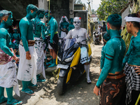 Balinese men with painted bodies are preparing to attend the Ngerebeg tradition in Tegallalang Village, Bali, Indonesia, on April 3, 2024. N...