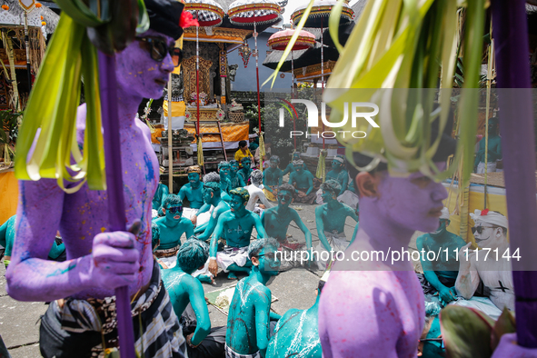 Balinese men with painted bodies are waiting as they attend the Ngerebeg tradition in Tegallalang Village, Bali, Indonesia, on April 3, 2024...