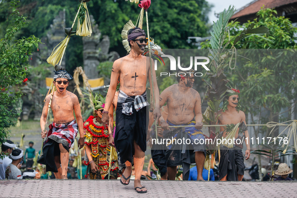 Balinese men with painted bodies are marching as they attend the Ngerebeg tradition in Tegallalang Village, Bali, Indonesia, on April 3, 202...