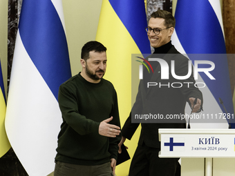 Ukrainian President Volodymyr Zelenskiy and President of Finland Alexander Stubb are holding a joint press conference in Kyiv, Ukraine, on A...