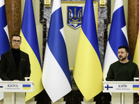 Ukrainian President Volodymyr Zelenskiy and President of Finland Alexander Stubb are holding a joint press conference in Kyiv, Ukraine, on A...