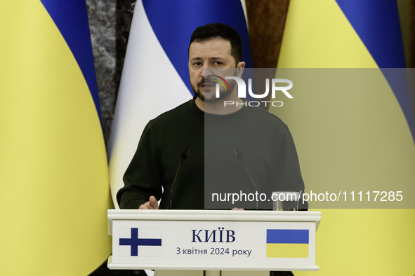 Ukrainian President Volodymyr Zelenskiy is attending a joint press conference with the President of Finland, Alexander Stubb, in Kyiv, Ukrai...