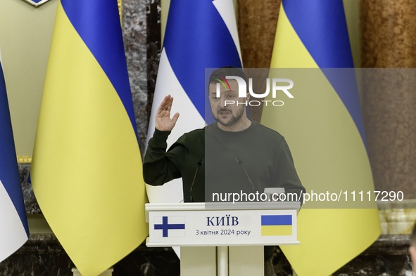 Ukrainian President Volodymyr Zelenskiy is attending a joint press conference with the President of Finland, Alexander Stubb, in Kyiv, Ukrai...