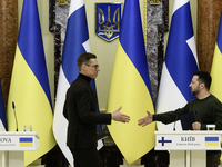 Ukrainian President Volodymyr Zelenskiy and President of Finland Alexander Stubb are shaking hands after a joint press conference in Kyiv, U...