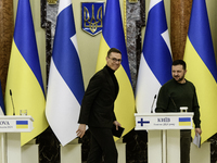 Ukrainian President Volodymyr Zelenskiy and President of Finland Alexander Stubb are shaking hands after a joint press conference in Kyiv, U...