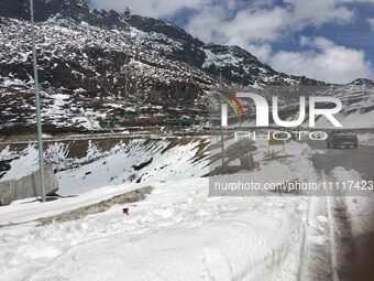 Snow is covering the Sela Pass following heavy snowfall in Tawang, Arunachal Pradesh, India, on April 3, 2024. (