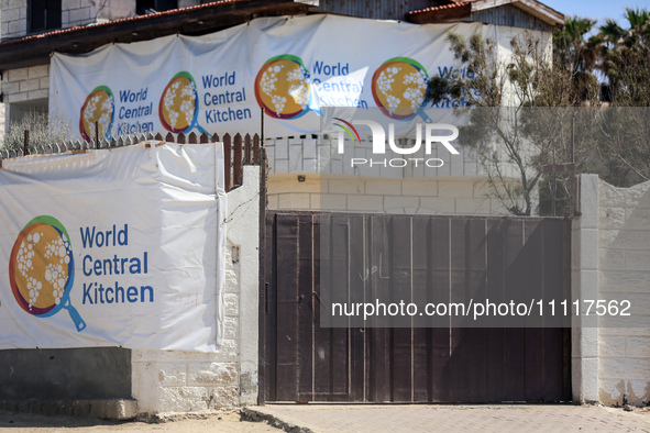 The headquarters of the World Central Kitchen is closed in the central Gaza Strip, west of Nuseirat, on April 3, two days after a convoy of...