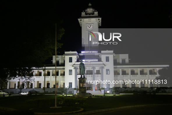 The University of Kerala building is illuminated at night in Thiruvananthapuram, Kerala, India, during the monsoon season on April 3, 2024....