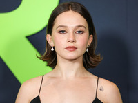 Cailee Spaeny wearing a dress by Christopher Esber arrives at the Los Angeles Special Screening Of A24's 'Civil War' held at the Academy Mus...