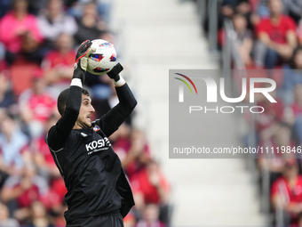 Sergio Herrera goalkeeper of Osasuna and Spain makes a save during the LaLiga EA Sports match between CA Osasuna and Real Madrid CF at Estad...