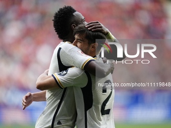 Brahim Diaz attacking midfield of Real Madrid and Spain celebrates with Vinicius Junior left winger of Real Madrid and Brazil after scoring...