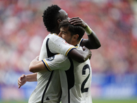 Brahim Diaz attacking midfield of Real Madrid and Spain celebrates with Vinicius Junior left winger of Real Madrid and Brazil after scoring...