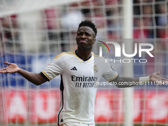 Vinicius Junior left winger of Real Madrid and Brazil celebrates after scoring his sides second goal during the LaLiga EA Sports match betwe...