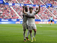 Brahim Diaz attacking midfield of Real Madrid and Spain celebrates with Vinicius Junior left winger of Real Madrid and Brazil after scoring...