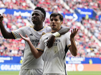 Brahim Diaz attacking midfield of Real Madrid and Spain celebrates with Vinicius Junior left winger of Real Madrid and Brazil after scoring...