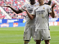 Brahim Diaz attacking midfield of Real Madrid and Spain celebrates with Vinicius Junior left winger of Real Madrid and Brazil after scoring...