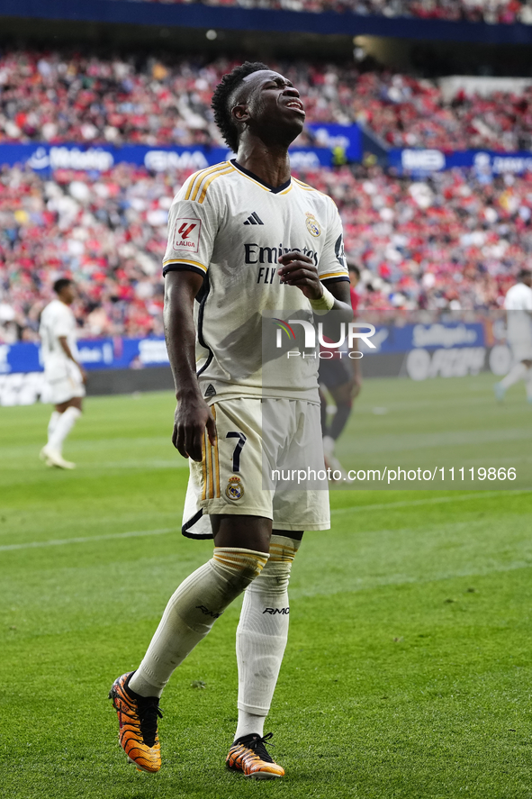 Vinicius Junior left winger of Real Madrid and Brazil protest too referee during the LaLiga EA Sports match between CA Osasuna and Real Madr...