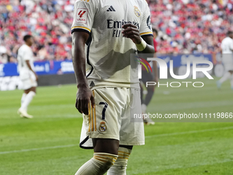 Vinicius Junior left winger of Real Madrid and Brazil protest too referee during the LaLiga EA Sports match between CA Osasuna and Real Madr...