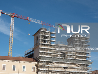 A building site and a crane on Saints Massimo and George Cathedral is seen in L'Aquila, Italy, on April 5th, 2024. on April 6th L'Aquila wil...