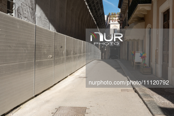 A building site and rebuilt buildings are seen in L'Aquila, Italy, on April 5th, 2024. on April 6th L'Aquila will commemorate its 15th anniv...