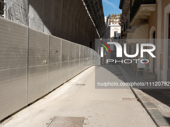 A building site and rebuilt buildings are seen in L'Aquila, Italy, on April 5th, 2024. on April 6th L'Aquila will commemorate its 15th anniv...