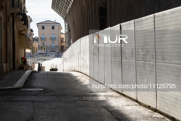 A building site and rebuilt buildings are seen in L'Aquila, Italy, on April 5th, 2024. on April 6th L'Aquila will commemorate its 15th anniv...