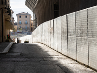 A building site and rebuilt buildings are seen in L'Aquila, Italy, on April 5th, 2024. on April 6th L'Aquila will commemorate its 15th anniv...