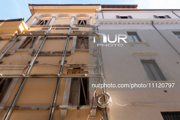 Damaged and rebuilt buildings are seen in L'Aquila, Italy, on April 5th, 2024. on April 6th L'Aquila will commemorate its 15th anniversary o...