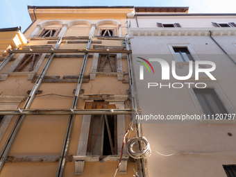 Damaged and rebuilt buildings are seen in L'Aquila, Italy, on April 5th, 2024. on April 6th L'Aquila will commemorate its 15th anniversary o...