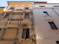 Damaged and rebuilt buildings are seen in L'Aquila, Italy, on April 5th, 2024. on April 6th L'Aquila will commemorate its 15th anniversary o...