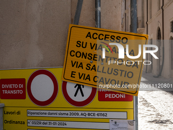 Road signals indicating reconstruction work are seen in L'Aquila, Italy, on April 5th, 2024. On April 6th L'Aquila will commemorate its 15th...