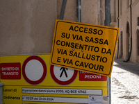 Road signals indicating reconstruction work are seen in L'Aquila, Italy, on April 5th, 2024. On April 6th L'Aquila will commemorate its 15th...