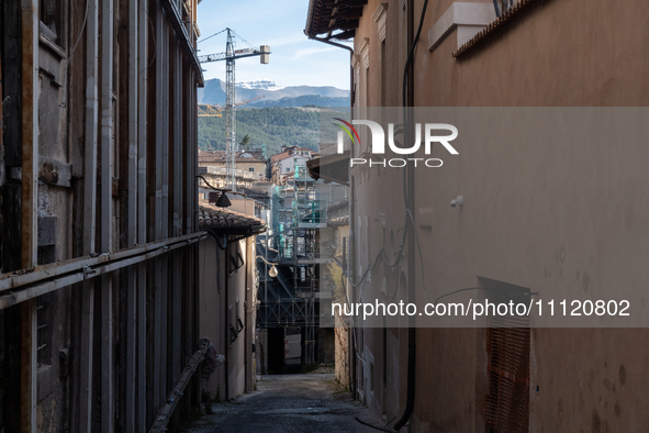 Damaged and rebuilt buildings are seen in L'Aquila, Italy, on April 5th, 2024. On April 6th L'Aquila will commemorate its 15th anniversary o...