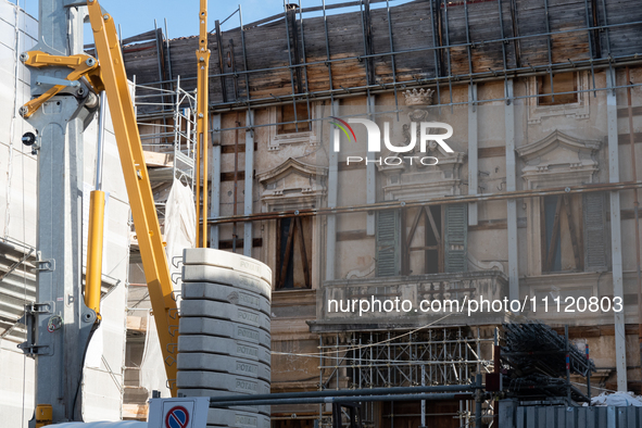 A damaged building and a building site are seen in L'Aquila, Italy, on April 5th, 2024. On April 6th L'Aquila will commemorate its 15th anni...