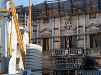 A damaged building and a building site are seen in L'Aquila, Italy, on April 5th, 2024. On April 6th L'Aquila will commemorate its 15th anni...