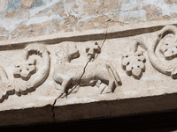 A damaged Holy Lamb is seen on a church facade in L'Aquila, Italy, on April 5th, 2024. on April 6th L'Aquila will commemorate its 15th anniv...