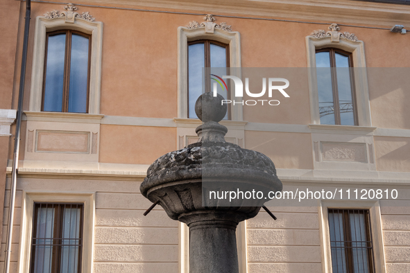 A fountain and a rebuilt building are seen in L'Aquila, Italy, on April 5th, 2024. On April 6th L'Aquila will commemorate its 15th anniversa...