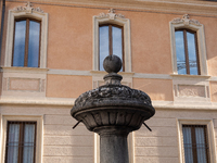 A fountain and a rebuilt building are seen in L'Aquila, Italy, on April 5th, 2024. On April 6th L'Aquila will commemorate its 15th anniversa...