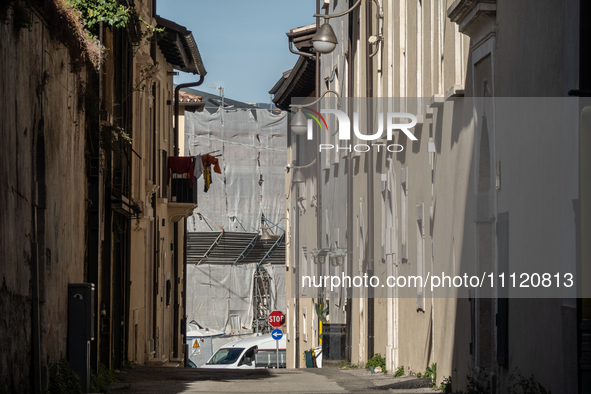 Damaged and rebuilt buildings are seen in L'Aquila, Italy, on April 5th, 2024. On April 6th L'Aquila will commemorate its 15th anniversary o...