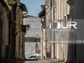 Damaged and rebuilt buildings are seen in L'Aquila, Italy, on April 5th, 2024. On April 6th L'Aquila will commemorate its 15th anniversary o...