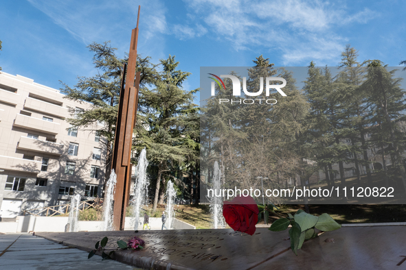 A red rose laid in Memorial Park is seen in L'Aquila, Italy, on April 5th, 2024. On April 6th L'Aquila will commemorate its 15th anniversary...