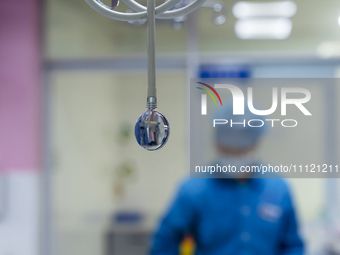 A stethoscope is hanging from the bedside of an intensive care unit in Enshi, Hubei Province, China, on April 5, 2024. (