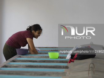 A woman is washing clothes at a community laundry in Santa Cruz Acalpixca, Xochimilco, Mexico City. (