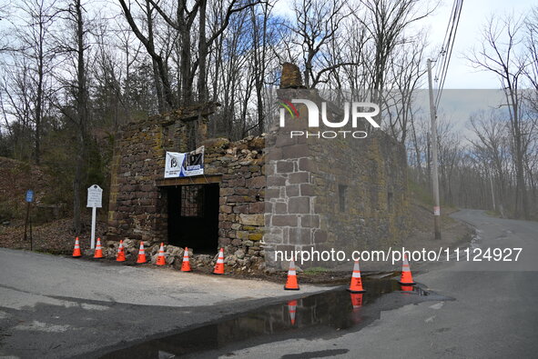 Cones are blocking off the historic Taylor's Mill in Lebanon, New Jersey, United States, on April 6, 2024. Safety cones are blocking off the...