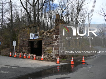 Cones are blocking off the historic Taylor's Mill in Lebanon, New Jersey, United States, on April 6, 2024. Safety cones are blocking off the...