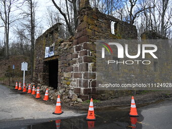 Cones are blocking off the historic Taylor's Mill in Lebanon, New Jersey, United States, on April 6, 2024. Safety cones are blocking off the...