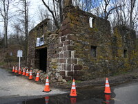 Cones are blocking off the historic Taylor's Mill in Lebanon, New Jersey, United States, on April 6, 2024. Safety cones are blocking off the...